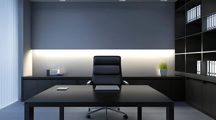 High-tech laptop glowing on a black desk in a minimalist office setting, surrounded by clean negative space