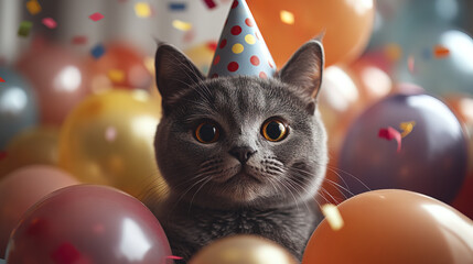 playful gray cat wearing party hat surrounded by colorful balloons