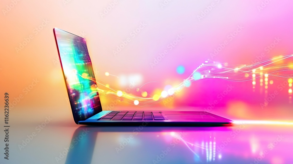 Poster laptop on a white reflective surface, glowing tech-themed graphs and lines floating around