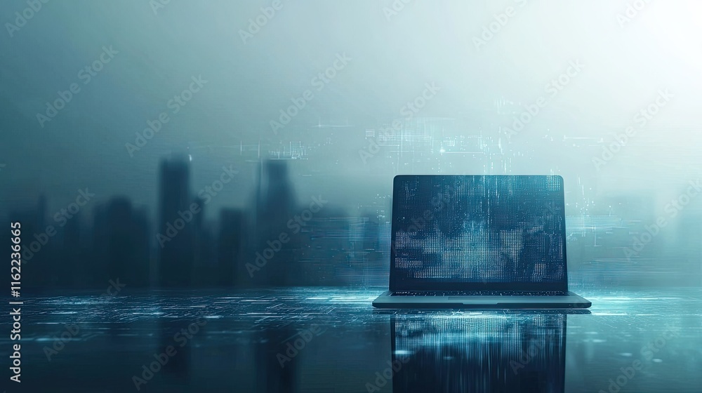 Poster laptop positioned on a high-tech glass surface, glowing ai elements floating above in a minimalist d