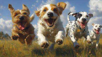 Playful group of dogs running joyfully in sunny field