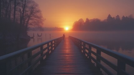 Fototapeta premium A serene sunrise over a misty lake, viewed from a wooden pier.