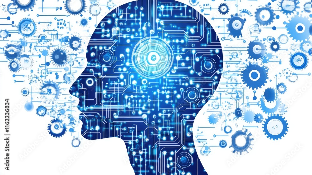 Aufkleber machine learning concept illustrated with gears and circuits on a plain white background