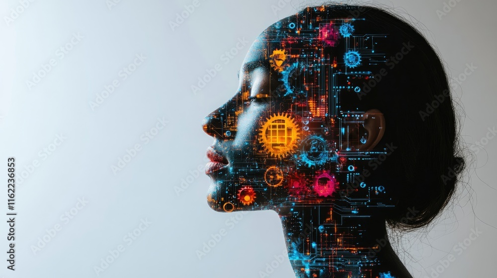 Aufkleber machine learning concept illustrated with gears and circuits on a plain white background
