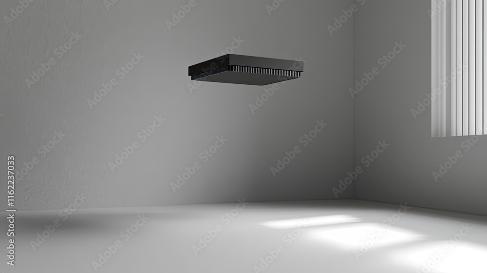 Aufkleber minimal design with a futuristic ai chip floating over a white surface, offering clean copy space