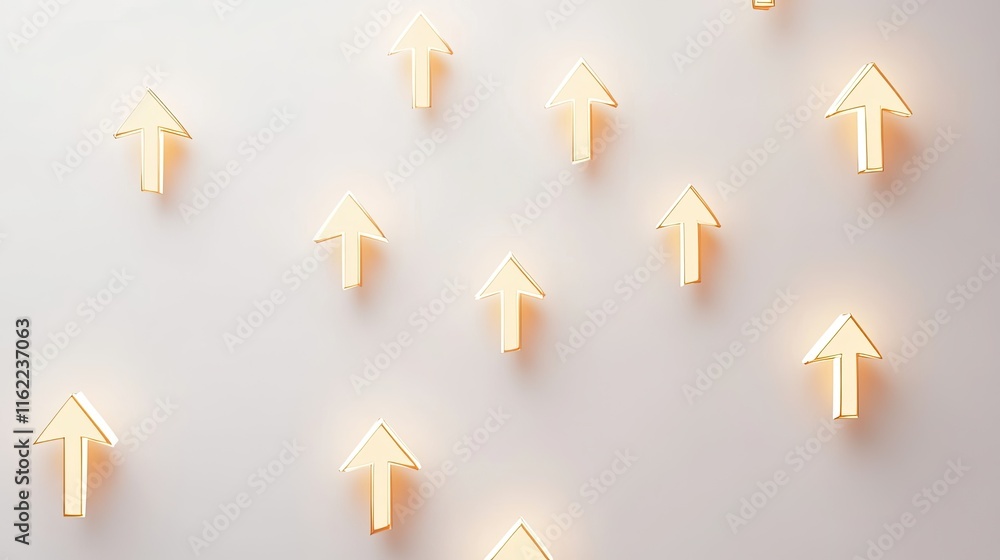 Poster minimal glowing arrows symbolizing growth and development, floating on a plain white background