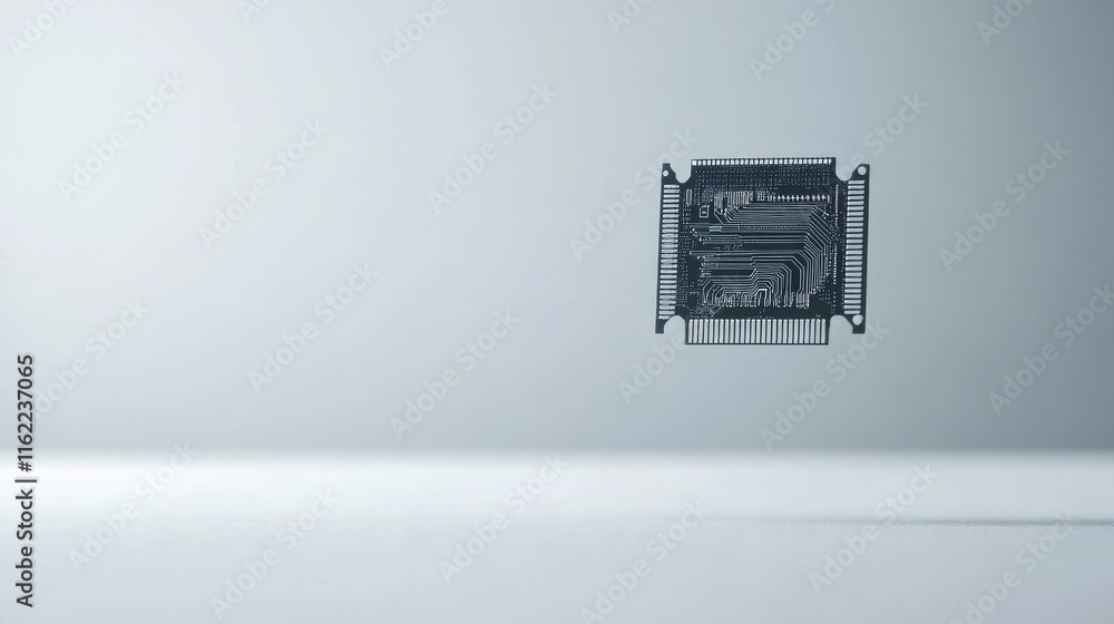 Poster minimal design with a futuristic ai chip floating over a white surface, offering clean copy space