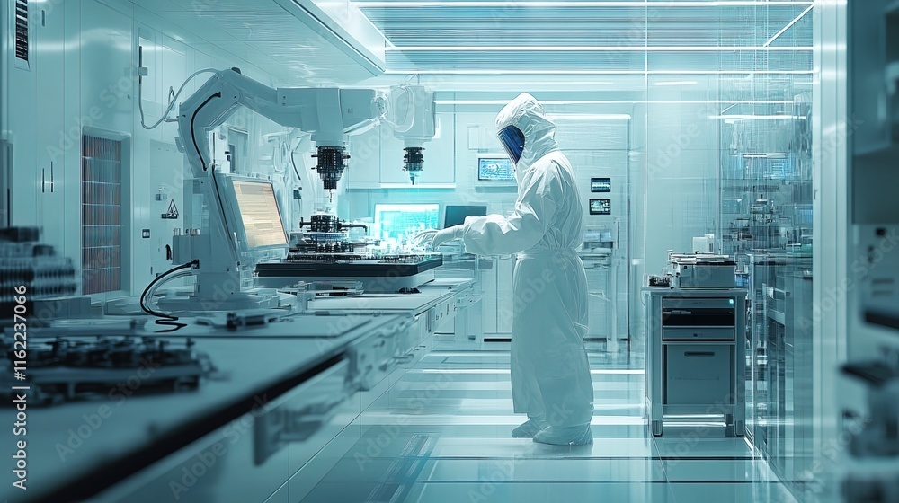 Poster scientist in a high-tech cleanroom, assembling nanobots, precision technology, ultra-modern lab