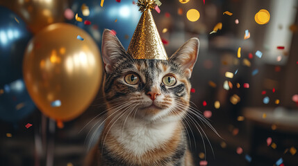 regal calico cat wearing shiny gold party hat, celebrating joyfully