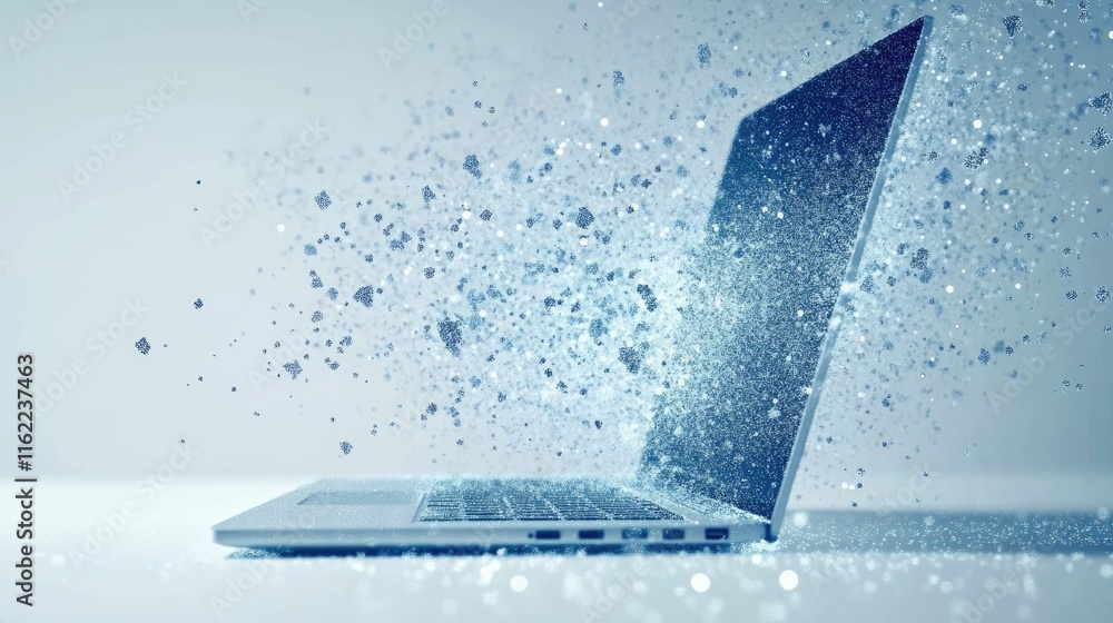 Poster open laptop glowing on a clean white surface, dynamic digital particles and graphs hovering around i