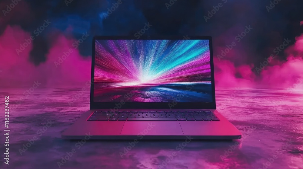 Poster open laptop in a minimal setup, glowing tech-themed lines radiating outward in a futuristic design