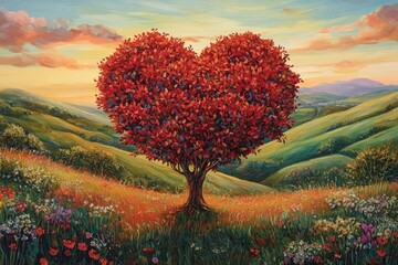 A heart-shaped tree stands in the center of an open field, with vibrant red leaves and flowers blooming around it under a sunset sky