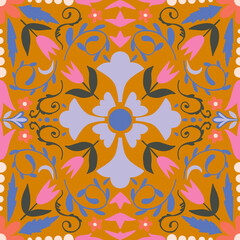 Square Tile seamless pattern. Floral tile seamless print. Botanical tile ornament.  Perfect for textiles, wallpapers, gift wrapping, packaging, and creative crafts projects.