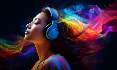 Asian woman wearing headphones. Listening to music with an exploding colorful glow representing a musical experience.