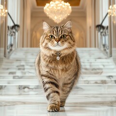 Luxury cat in palace, majestic luxury cat walking, royal luxury cat in elegant mansion, Luxury cat and dog Lifestyle Elegant cat walking down grand staircase.