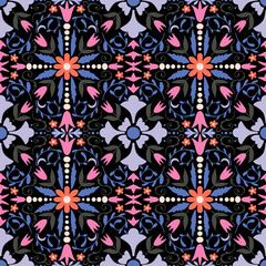 Square Tile seamless pattern. Floral tile seamless print. Botanical tile ornament.  Perfect for textiles, wallpapers, gift wrapping, packaging, and creative crafts projects.