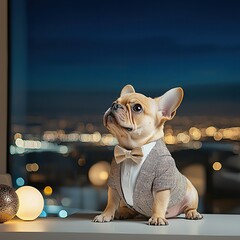 Elegant French Bulldog in tuxedo elegant French Bulldog at night elegant French Bulldog dressed for an event,Formal dressed dog , Stylish French Bulldog,Fancy pet photography,