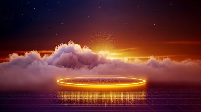 Radiant Cloud Platform Sunset Glow - A vibrant sunset illuminates a glowing platform above clouds, symbolizing innovation, technology, opportunity, success, and future.