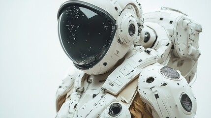 Futuristic space suit with detailed mechanical parts, intricate textures, designed for deep-space exploration