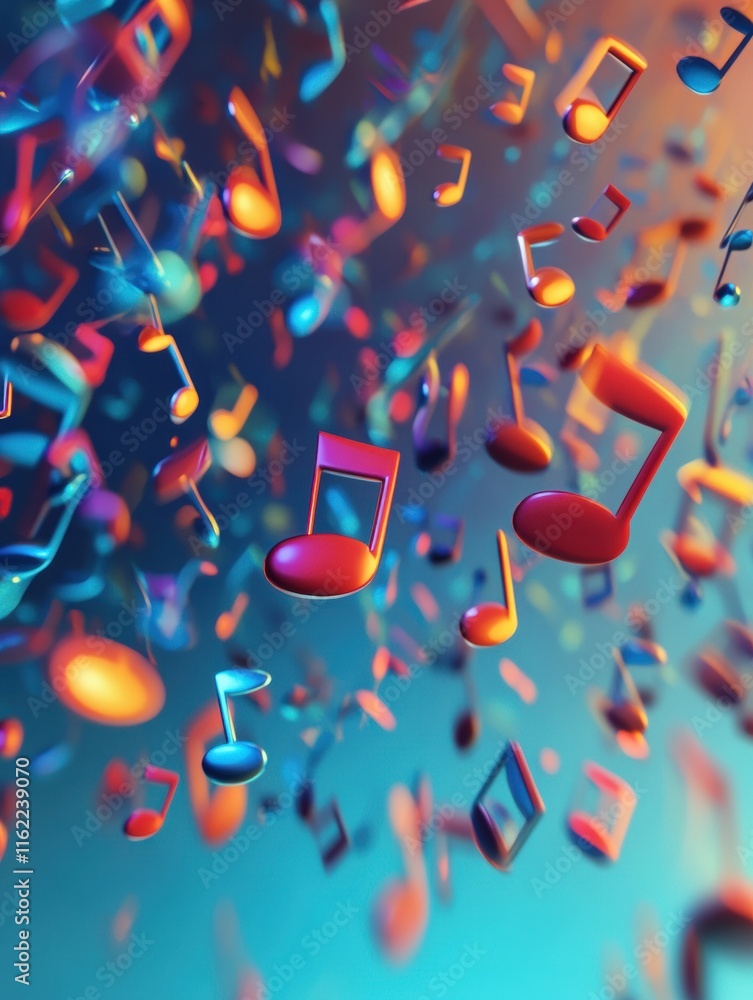 Poster colorful 3d music notes floating in a vibrant atmosphere bringing a sense of joy and creativity to t