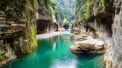 Naklejka premium Serene Teal River Flows Through A Lush Green Gorge