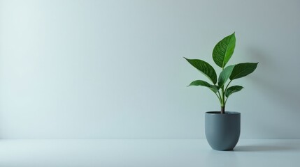 A simple, gray pot holds a vibrant green plant against a minimalist, pale backdrop