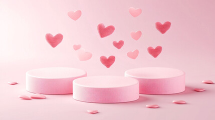 Beautiful pink Valentines day scene mockup with three round podiums, flying ribbed red, pink paper hearts, copy space. Love template for presentation cosmetic produce or goods, advertising, design.