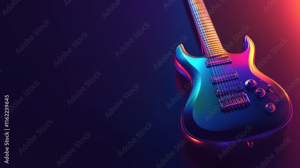 Poster vibrant 3d guitar with electric lights displays striking colors in a dynamic setting. generative ai