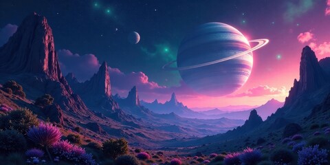 Fototapeta premium Alien Planet's Serene Vista Majestic Mountains, Vibrant Flora, and a Ringed Gas Giant in a Breathtaking Sunset Sky