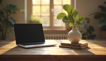 Fototapeta premium serene workspace featuring laptop, books, and potted plant, illuminated by natural light. This cozy setting promotes productivity and creativity