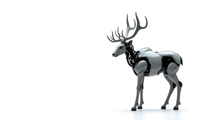 Obraz premium futuristic robotic deer with metallic features and antlers stands against white background, showcasing blend of nature and technology. Its sleek design evokes curiosity and innovation