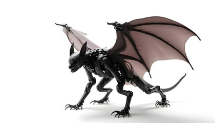 Naklejka premium robotic dragon figure with articulated wings and sleek black design, showcasing intricate mechanical details and fierce stance. This unique creature blends fantasy and technology seamlessly