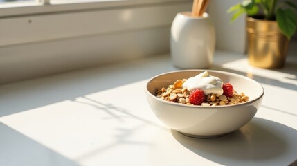 Sunlit Bowl of Granola with Yogurt and Berries, a Healthy and Delicious Breakfast