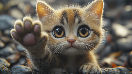 Fototapeta premium small round cat with oversized eyes reaching out playfully