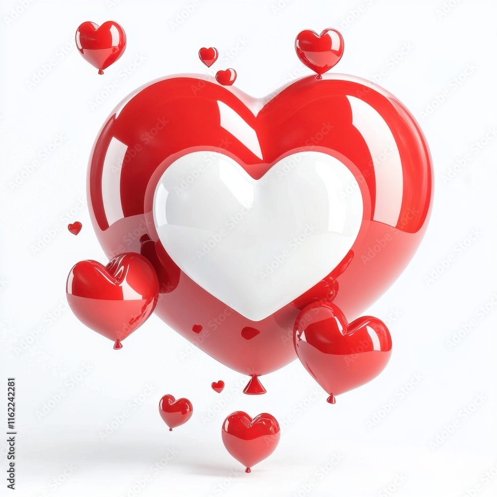 Poster a collection of glossy red and white hearts floating in the air, creating a festive and romantic atm