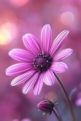 Obraz premium Close-Up of Vibrant Pink Cosmos Flowers in Bloom, Soft Blue and Pink Bokeh Background Creating a Dreamy Atmosphere, Ai Generation
