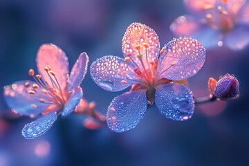 Close-up of delicate cherry blossoms covered in morning dew with glowing pink and blue tones, creating a magical and serene atmosphere, Ai Generation