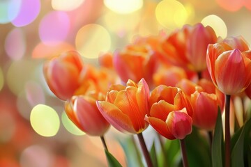 Vibrant orange and pink tulips in full bloom with a colorful bokeh background, perfect for spring and garden lovers, Ai Generation