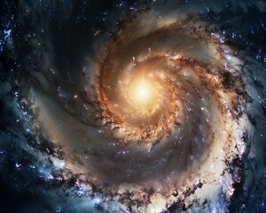Fototapeta premium Centered spiral galaxy, bright core, dark arms, deep space, natural light, HDR imagery, sharp focus.