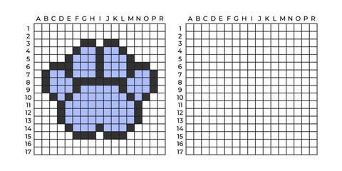 Fototapeta premium Copy Educational game for children. Pixel art blue paw. Coloring by numbers for little children A simple pattern for aquamosaics, various types of mosaics, and cross stitch. Repeat the drawing 
