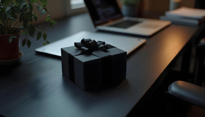 black gift box with ribbon sits on dark wooden desk, surrounded by laptop and plants, creating cozy and inviting workspace atmosphere