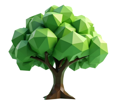 stylized low poly tree with geometric green leaves and brown trunk, perfect for digital art and design projects. This vibrant tree adds modern touch to any scene