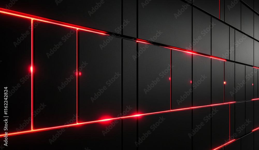 Poster abstract dark metallic wall with red neon lines and futuristic glow. gamer background