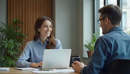 Obraz premium woman and man engage in friendly conversation at modern office desk, surrounded by plants. atmosphere is warm and inviting, showcasing collaboration and professionalism