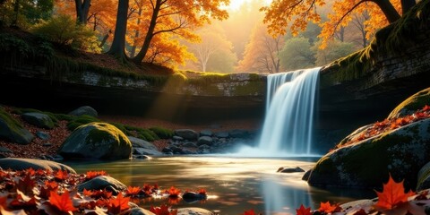 Fototapeta premium Serene Autumn Waterfall Cascading Through a Mossy Stone Grotto, Bathed in Golden Sunlight, with Fallen Leaves Adorning the Banks