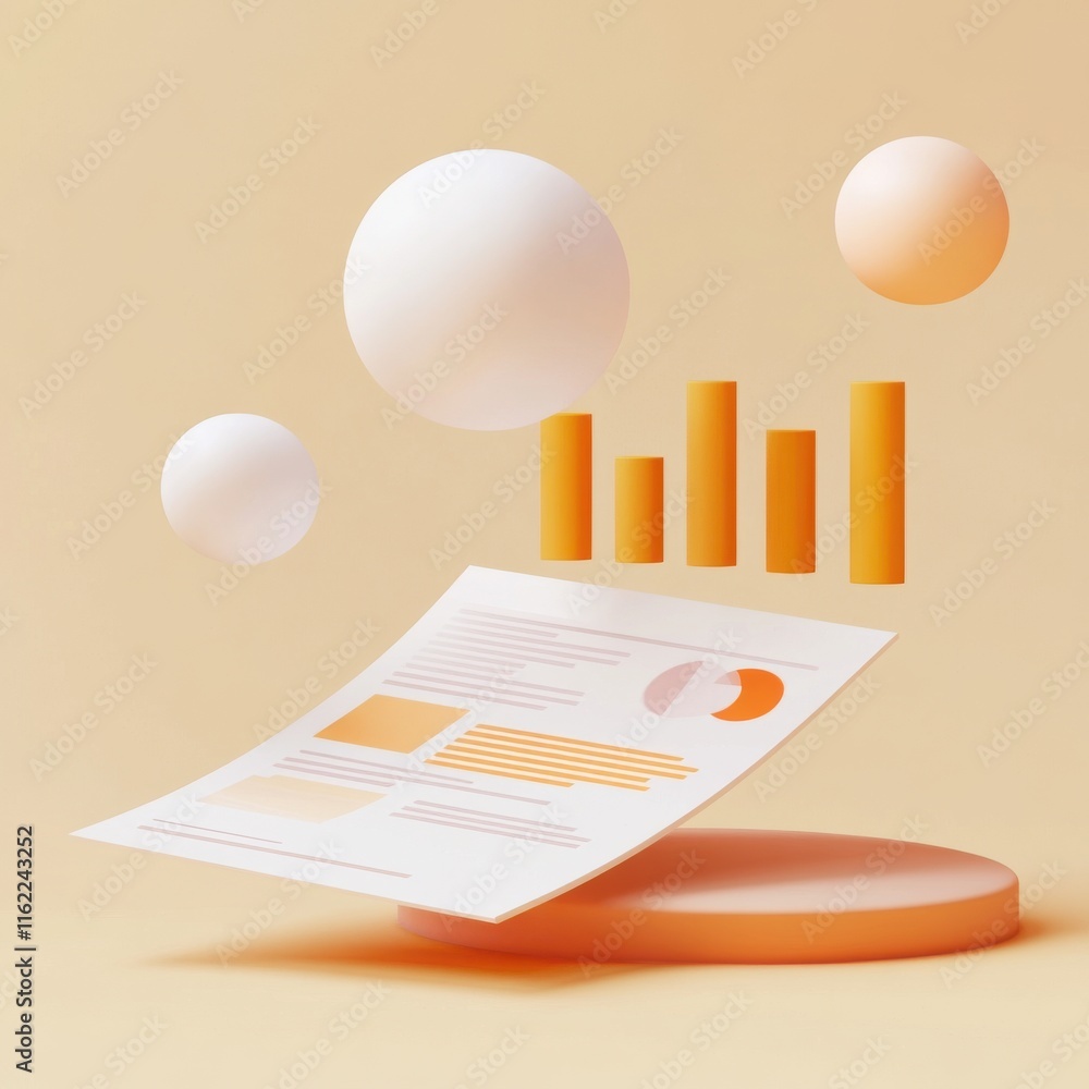 Poster abstract 3d graph showcasing data analysis with floating shapes in warm tones.