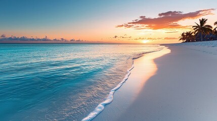Obraz premium A serene beach at sunset, featuring gentle waves lapping at the shore, with palm trees silhouetted against a colorful sky.
