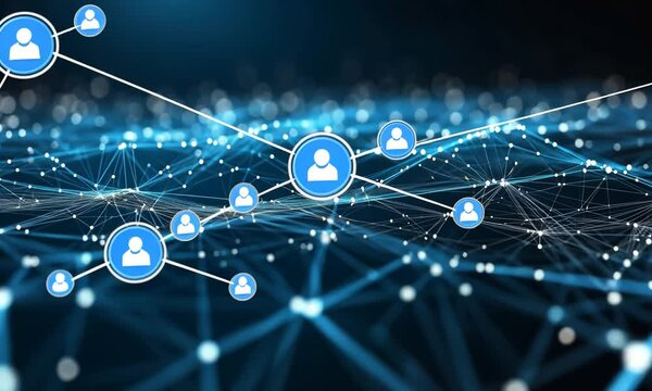 Digital network connection with user icons representing online community engagement and social media interaction, showcasing modern technology and data exchange in a virtual landscape.
