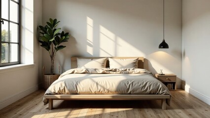 Serene Bedroom Sanctuary Sunlight Dapples Minimalist Wooden Bed with Neutral Bedding and Natural Plant