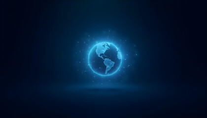 glowing blue globe representing Earth, surrounded by digital particles, symbolizes global connectivity and technology